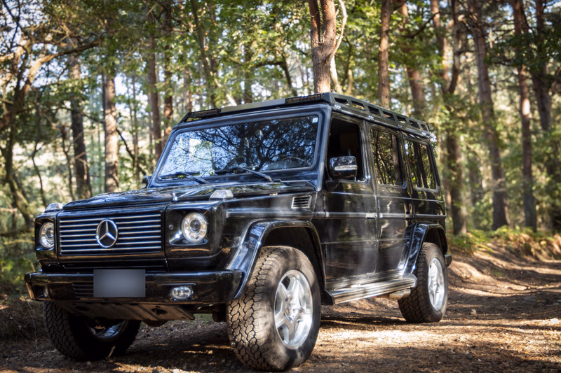 Black G-Class W463 with Walger Works roof rack, front 3/4 view in the forest